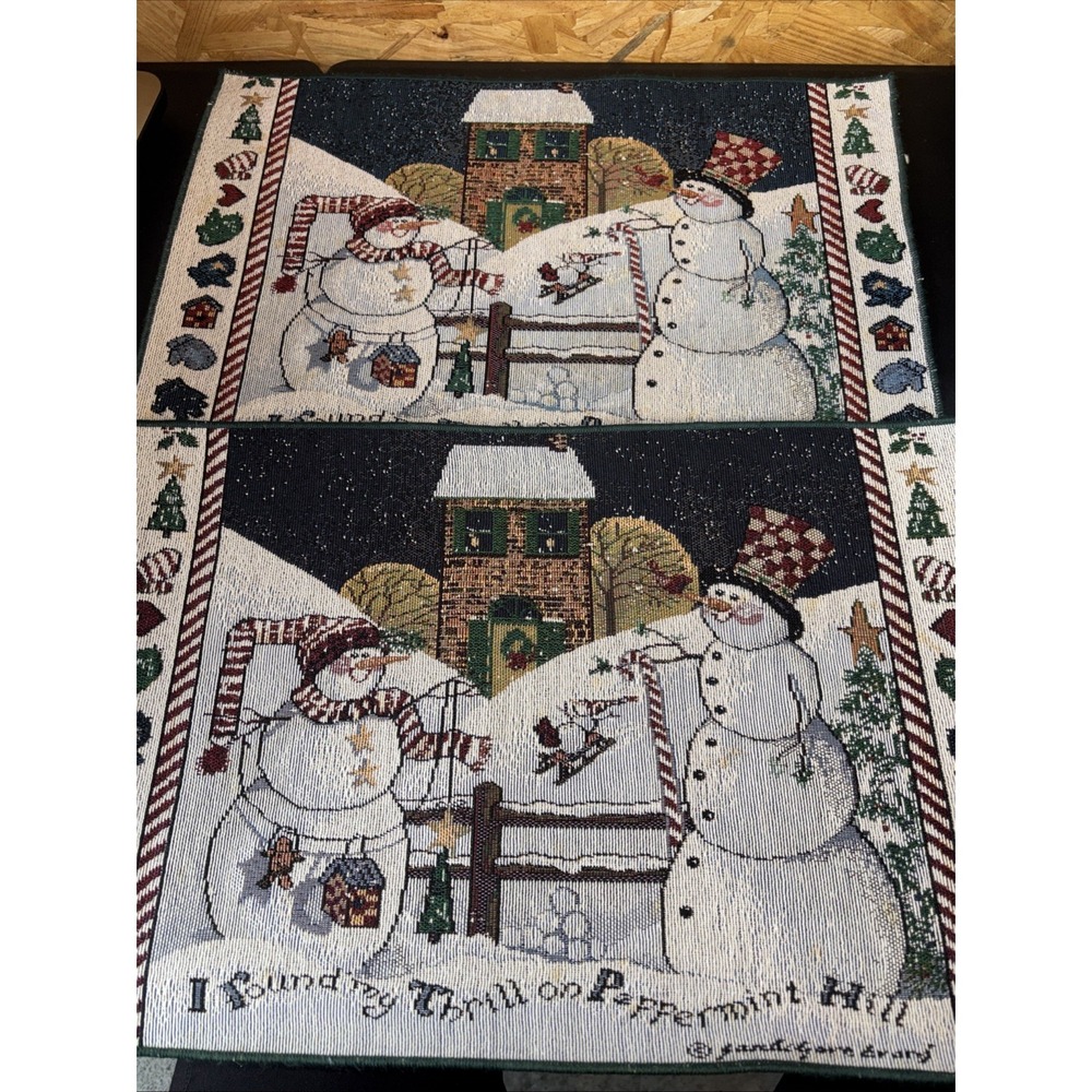Vtg Tapestry Placemats SNOWMEN‎ 19x13 Finished Edge Christmas Winter Snow